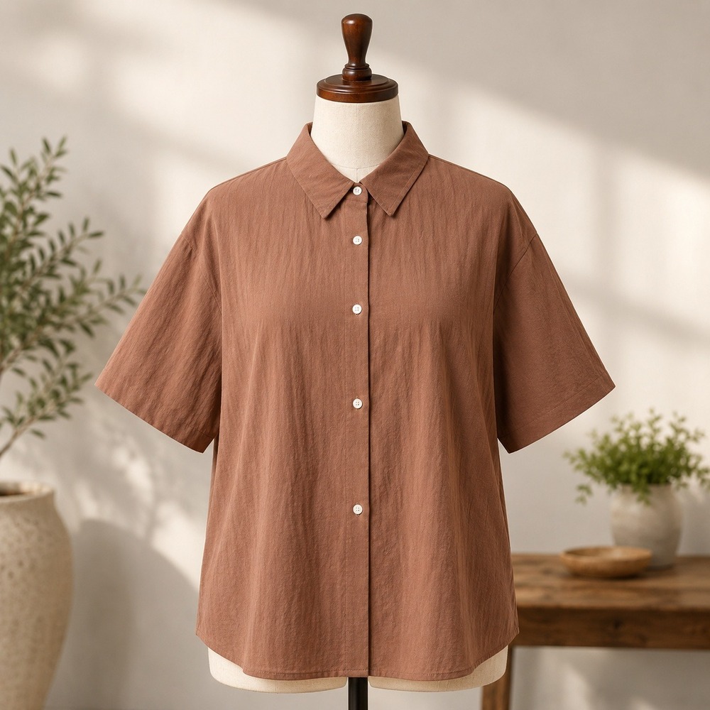 NWT Cupshe Button Down Shirt Womens L Brown Short Sleeve Textured Beach Cover Up
